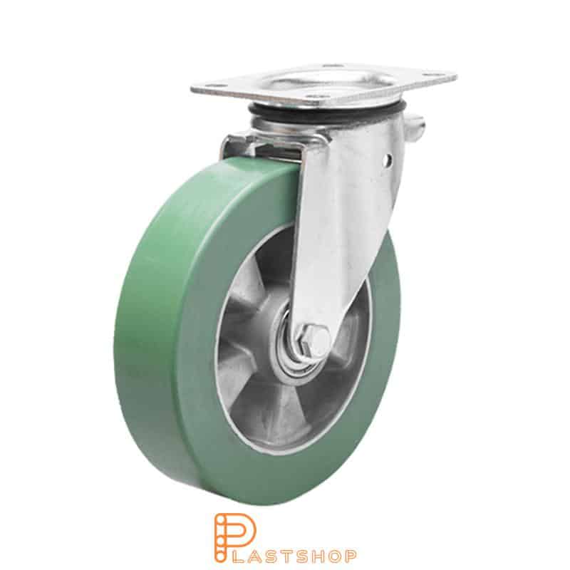 Link wheel without brake, plate, wheel diameter 200 mm, building height 239 mm, hub in aluminum with soft band in ElastoPUR in grön. 400 kg load capacity, double ball bearing