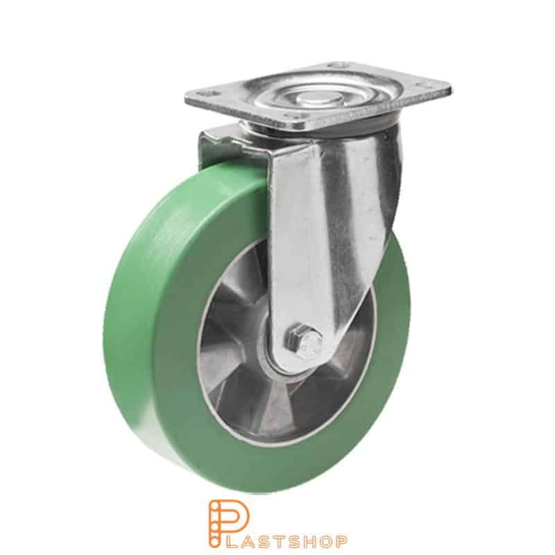 Link wheel without brake, plate, wheel diameter 200 mm, building height 239 mm, hub in aluminum with soft band in ElastoPUR in grön. 700 kg load capacity, double ball bearing