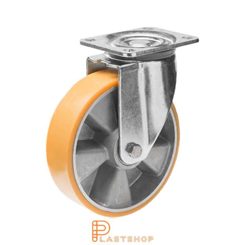 Lenkehjul uten bremse, plate, hjuldiameter 200 mm, byggehøyde 239 mm, nav i aluminium med myk bane i PUR i oransje farge. 800 kg bæreevne, doble kuleledd