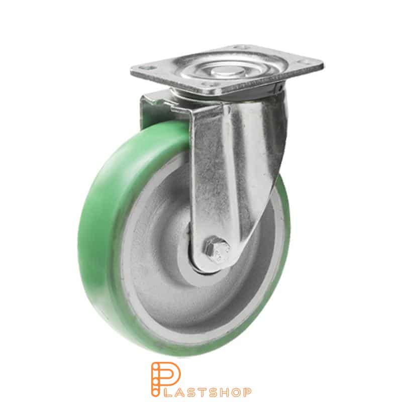 Link wheel without brake, plate, wheel diameter 200 mm, building height 239 mm, hub in cast iron with soft band in ElastoPUR in grön. 700 kg load capacity, double ball bearing