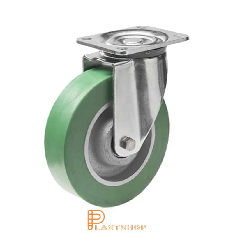 Link wheel without brake, plate, wheel diameter 200 mm, building height 239 mm, hub in cast iron with soft band in ElastoPUR in grön. 700 kg load capacity, double ball bearing