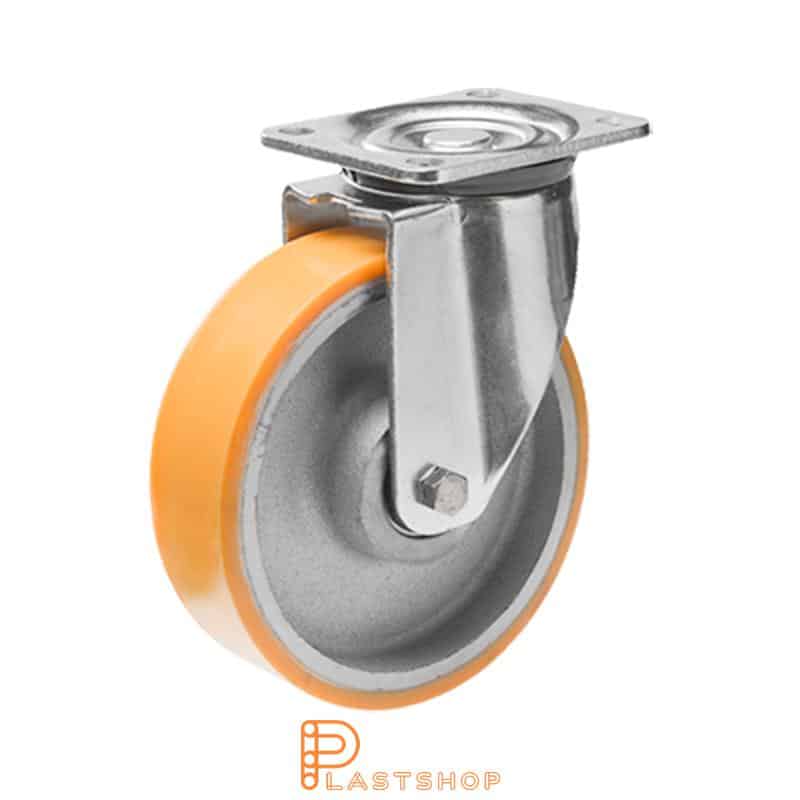 Link wheel without brake, plate, wheel diameter 200 mm, building height 239 mm, hub in cast iron with soft band in PUR in orange. 800 kg load capacity, double ball bearing