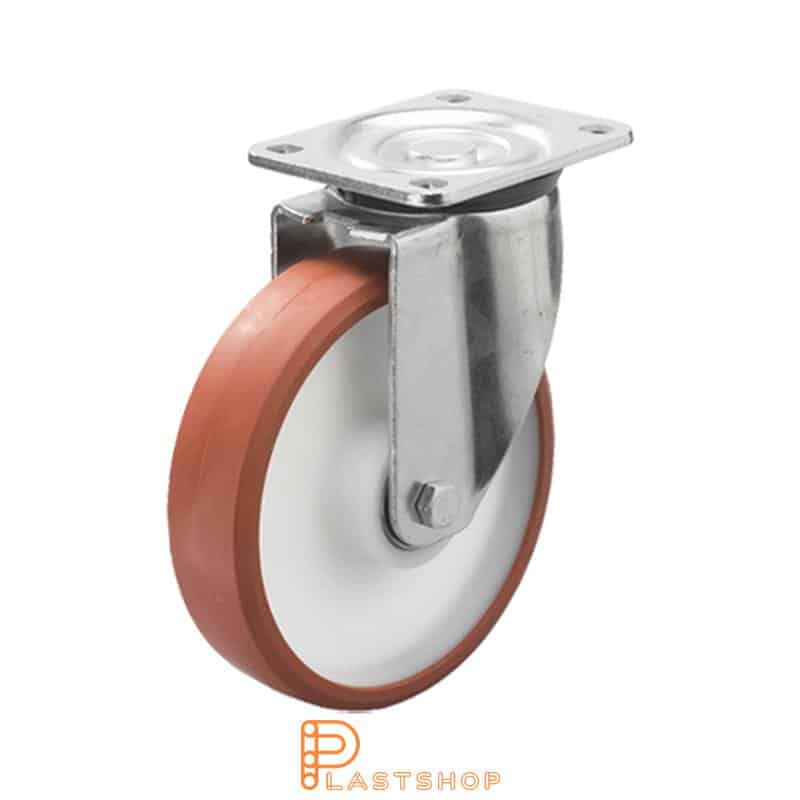 Link wheel without brake, plate, wheel diameter 200 mm, building height 239 mm, hub in PA6 with soft band in PUR in röd. 500 kg load capacity, double ball bearing