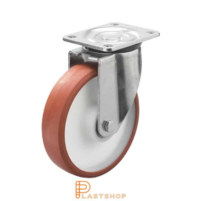 Link wheel without brake, plate, wheel diameter 200 mm, building height 239 mm, hub in PA6 with soft band in PUR in röd. 750 kg load capacity, double ball bearing