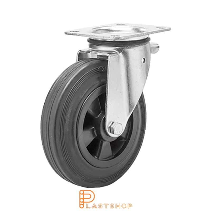 Rueda de enlace sin freno, placa, diámetro de la rueda 200 mm, altura de construcción 239 mm, buje en PP con banda suave en goma de color negro. 205 kg de carga, rodamientos de deslizamiento