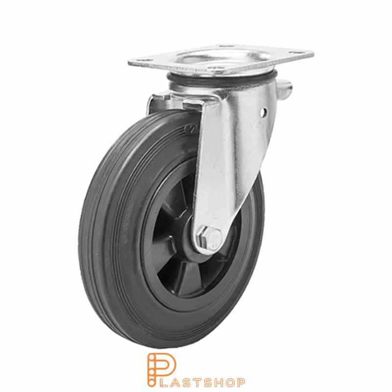 Rueda de enlace sin freno, placa, diámetro de la rueda 200 mm, altura de construcción 239 mm, buje en PP con banda suave en goma de color negro. 205 kg de carga, rodamientos de rodadura