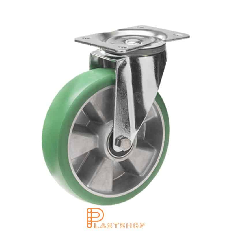 Link wheel without brake, plate, wheel diameter 200 mm, building height 240 mm, hub in aluminum with soft band in ElastoPUR in green color. 400 kg load capacity, double ball bearing