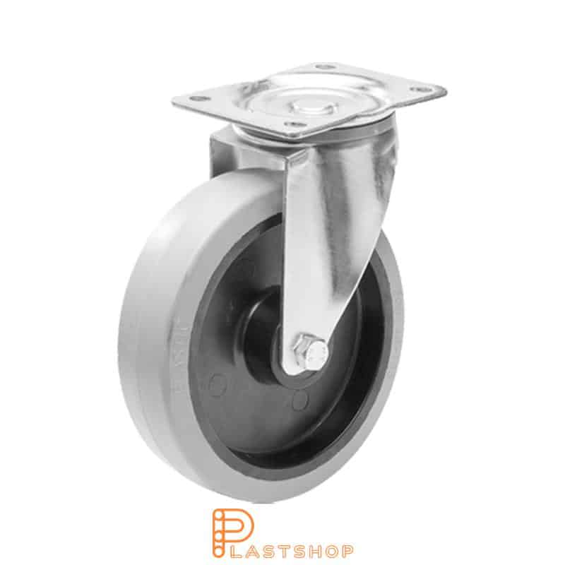 Link wheel without brake, plate, wheel diameter 200 mm, building height 240 mm, hub in PA6 with soft band in ElastoGum in grå. 250 kg load capacity, roller bearing