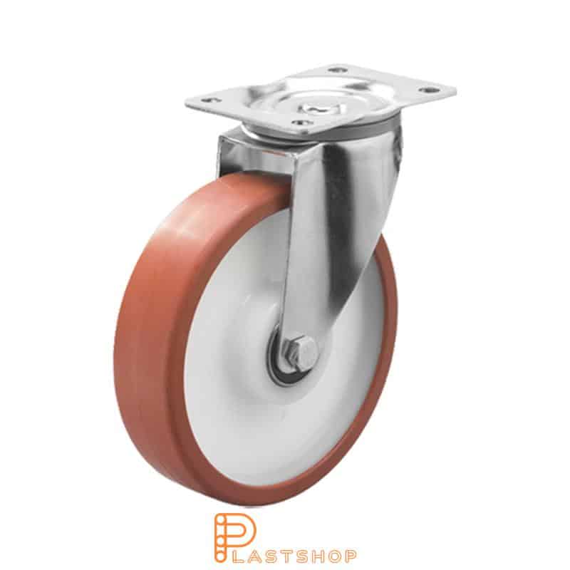 Link wheel without brake, plate, wheel diameter 200 mm, building height 240 mm, hub in PA6 with soft band in PUR in röd. 400 kg load capacity, double ball bearing