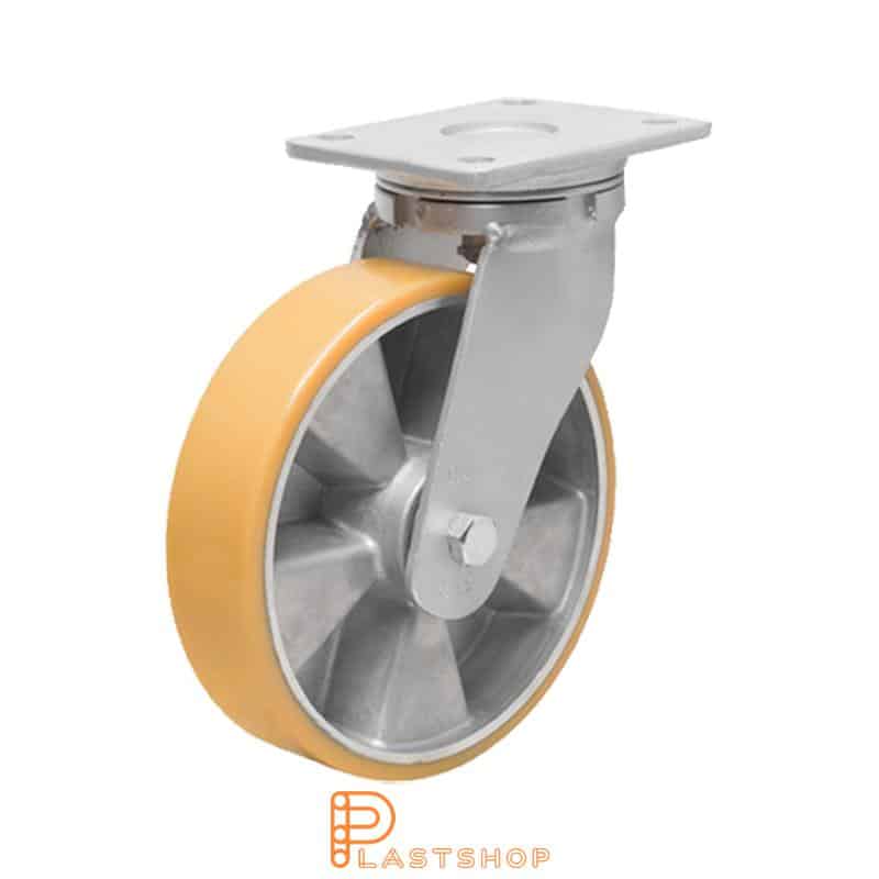 Länkhjul utan broms, platta, hjuldiameter 200 mm, bygghöjd 245 mm, nav i aluminium med mjuk bana i PUR i orange färg. 800 kg bärighet, dubbla kullager