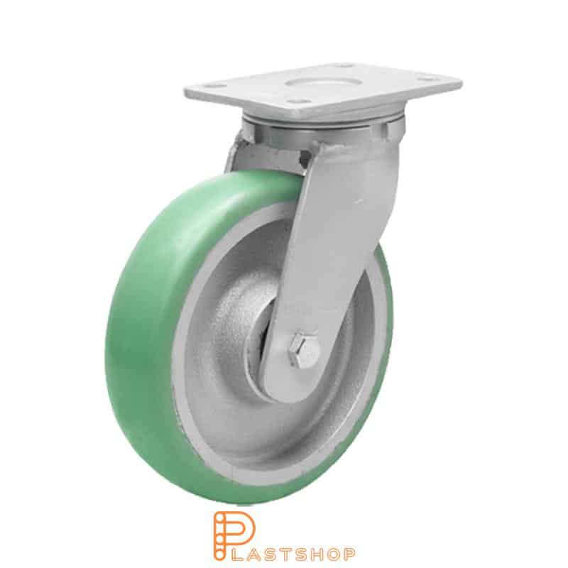 Link wheel without brake, plate, wheel diameter 200 mm, building height 245 mm, hub in cast iron with soft band in ElastoPUR in grön. 700 kg load capacity, double ball bearing