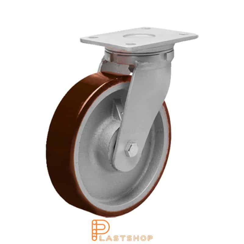 Link wheel without brake, plate, wheel diameter 200 mm, building height 245 mm, hub in cast iron with soft band in PUR in röd. 1000 kg load capacity, double ball bearing