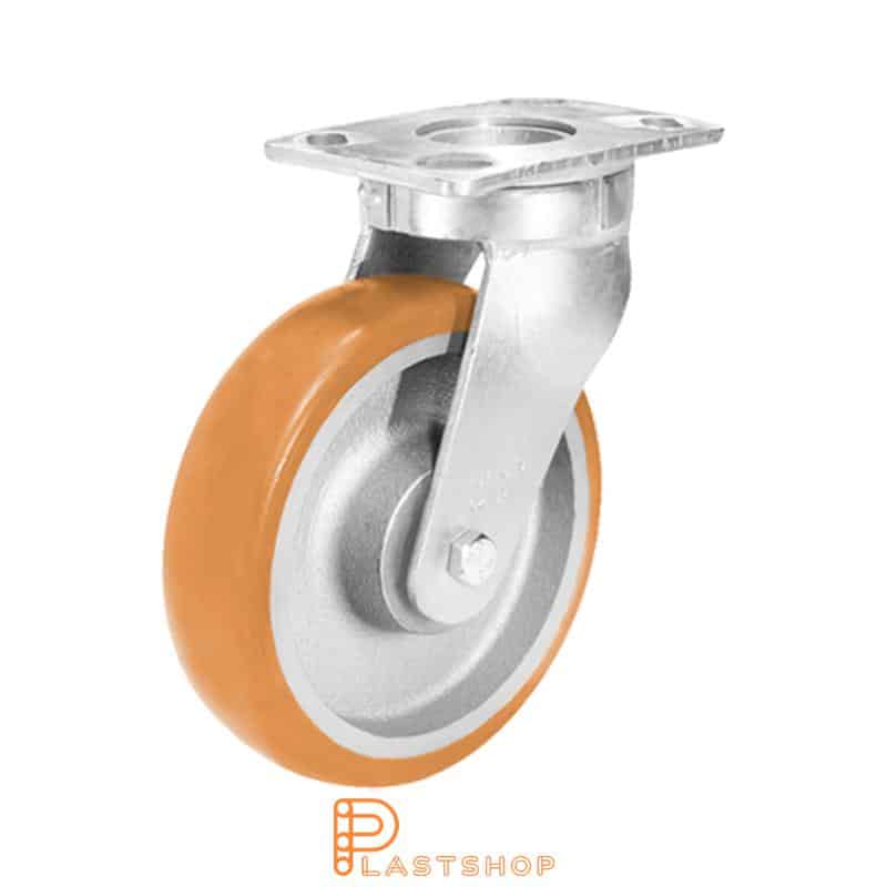 Link wheel without brake, flat, wheel diameter 200 mm, building height 250 mm, hub in cast iron with soft track in ElastoPUR in brun. 800 kg load capacity, double ball bearings