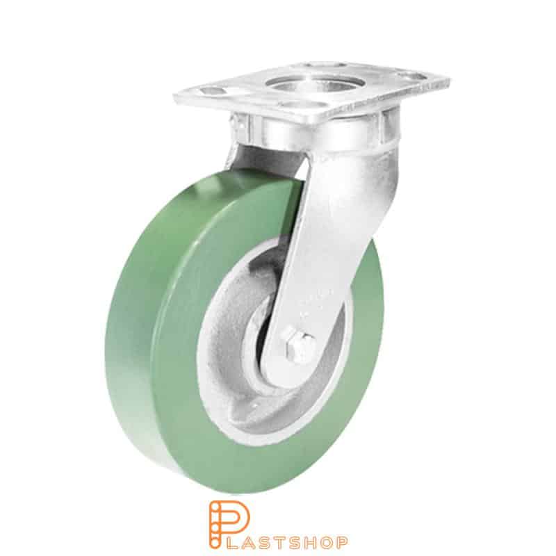 Link wheel without brake, plate, wheel diameter 200 mm, building height 250 mm, hub in cast iron with soft band in ElastoPUR in grön. 700 kg load capacity, double ball bearing