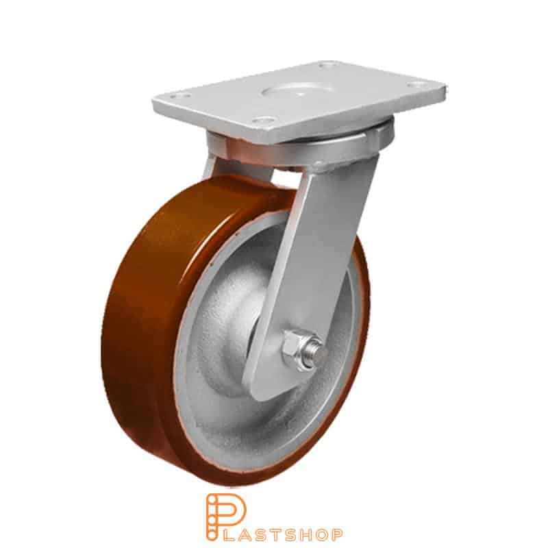 Länkhjul utan broms, platta, hjuldiameter 200 mm, bygghöjd 264 mm, nav i gjutjärn med mjuk bana i PUR i orange färg. 1400 kg bärighet, dubbla kullager