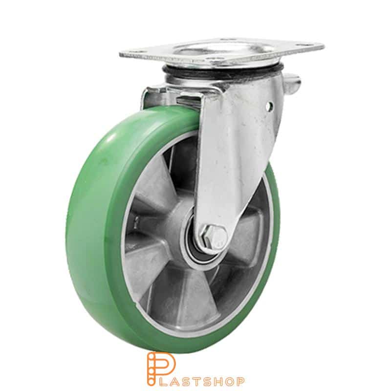 Link wheel without brake, plate, wheel diameter 250 mm, building height 290 mm, hub in aluminum with soft band in ElastoPUR in grön. 400 kg load capacity, double ball bearing