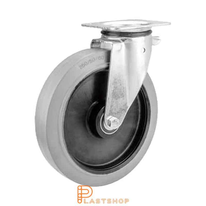 Link wheel without brake, plate, wheel diameter 250 mm, building height 290 mm, hub in PA6 with soft band in ElastoGum in grå. 400 kg load capacity, double ball bearing