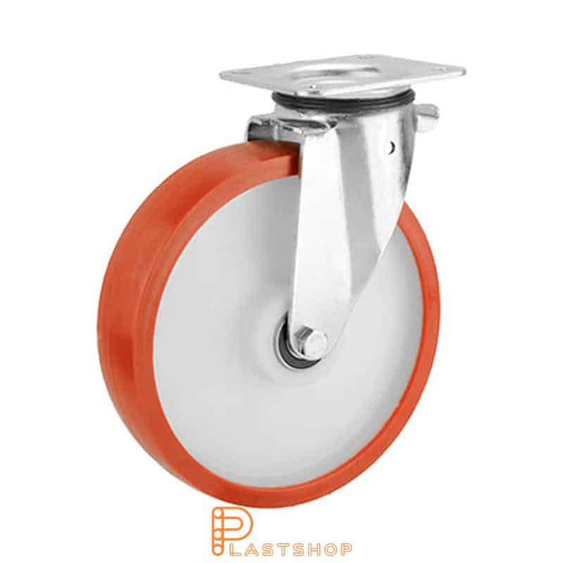 Liukurenkailla ilman jarrua, laippa, renkaan halkaisija 250 mm, rakennuskorkeus 290 mm, navat PA6:sta pehmeällä PUR -renkaalla punaisessa värissä. 400 kg kantavuus, kaksi pallo-laakeria