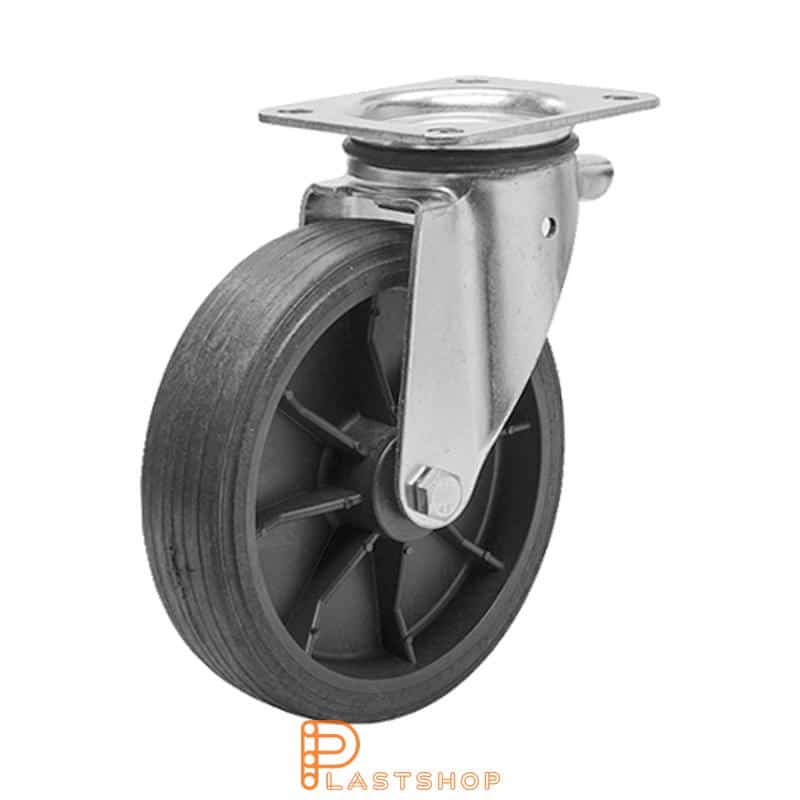 Rueda de enlace sin freno, placa, diámetro de la rueda 250 mm, altura de construcción 290 mm, buje en PP con banda suave en ReGum de color negro. 130 kg de carga, rodamientos de deslizamiento