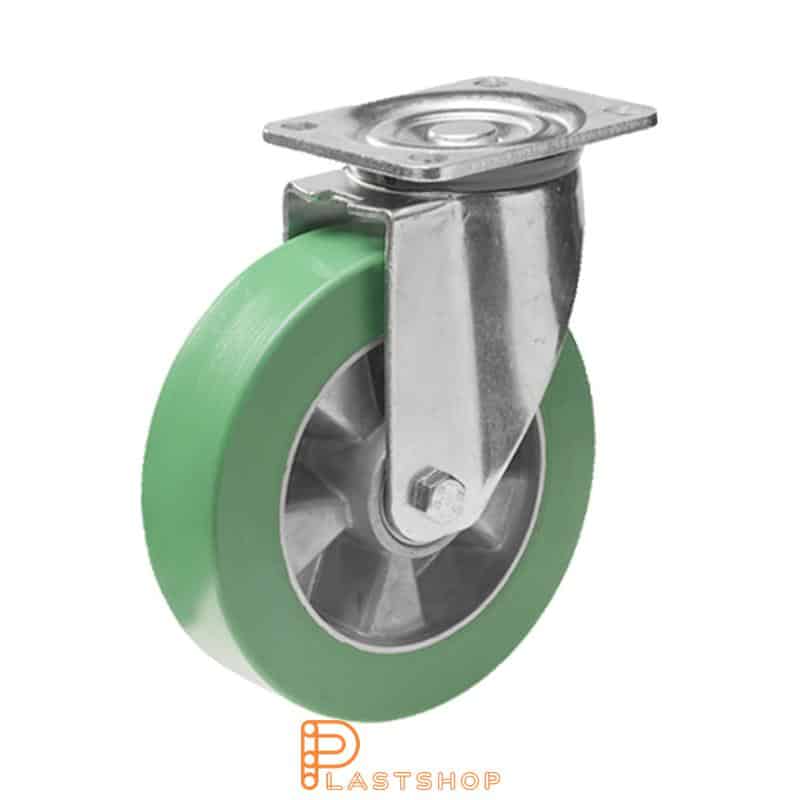 Link wheel without brake, plate, wheel diameter 250 mm, building height 292 mm, hub in aluminum with soft band in ElastoPUR in grön. 800 kg load capacity, double ball bearing