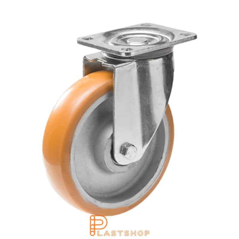 Rueda de enlace sin freno, plato, diámetro de la rueda 250 mm, altura de construcción 292 mm, buje en fundición con banda suave en ElastoPUR de color marrón. 800 kg de carga, cojinetes dobles