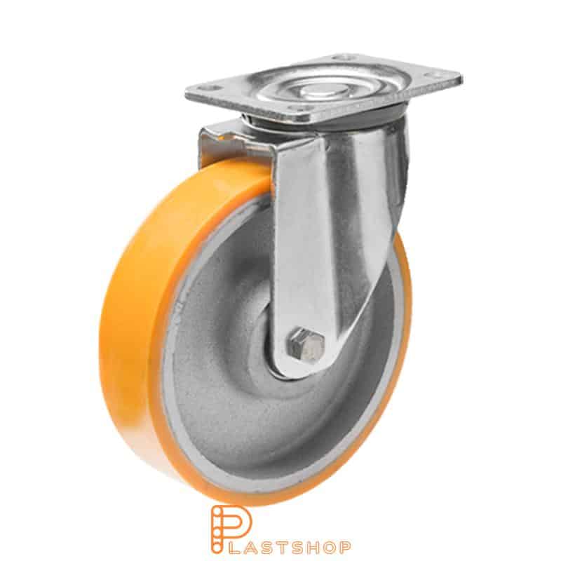 Länkhjul utan broms, platta, hjuldiameter 250 mm, bygghöjd 292 mm, nav i gjutjärn med mjuk bana i PUR i orange färg. 800 kg bärighet, dubbla kullager