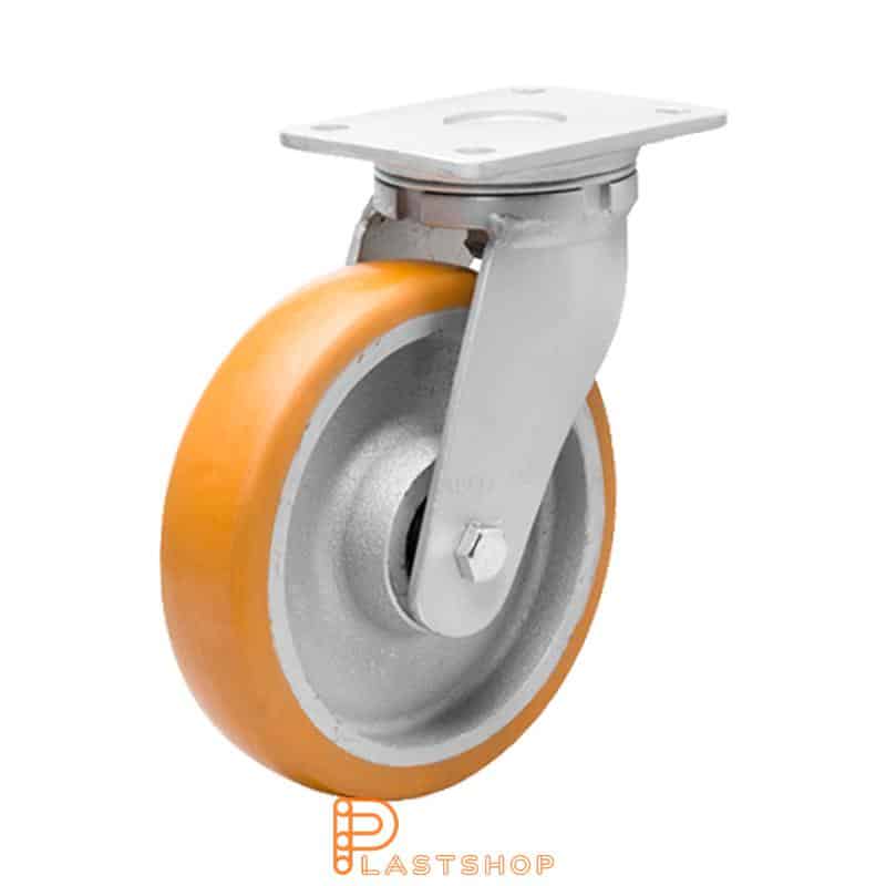 Link wheel without brake, flat, wheel diameter 250 mm, building height 300 mm, hub in cast iron with soft track in ElastoPUR in brun. 1000 kg load capacity, double ball bearings