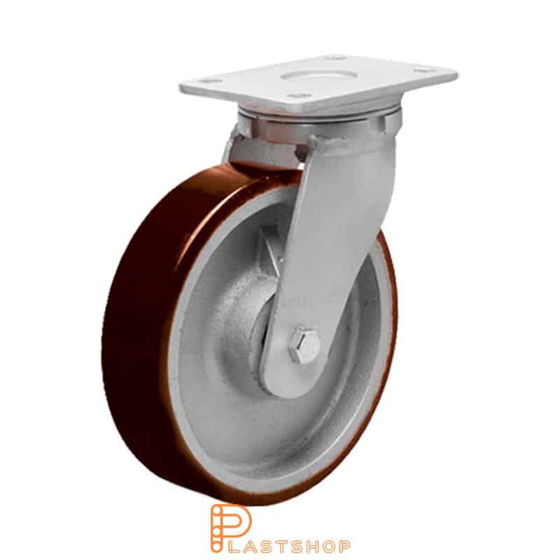 Link wheel without brake, plate, wheel diameter 250 mm, building height 300 mm, hub in cast iron with soft band in PUR in red color. 1200 kg load capacity, double ball bearing