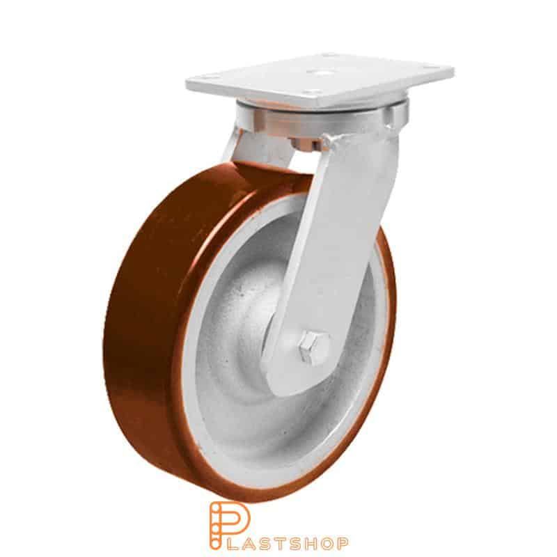 Link wheel without brake, plate, wheel diameter 250 mm, building height 314 mm, hub in cast iron with soft band in PUR in orange. 1800 kg load capacity, double ball bearing
