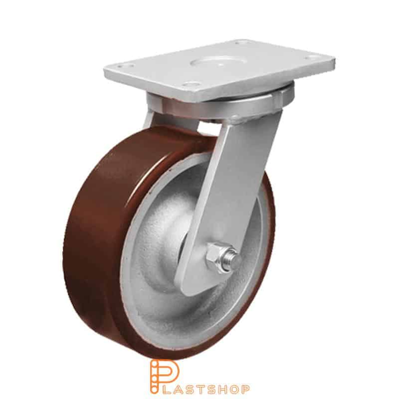 Länkhjul utan broms, platta, hjuldiameter 250 mm, bygghöjd 314 mm, nav i gjutjärn med mjuk bana i PUR i orange färg. 1800 kg bärighet, dubbla kullager