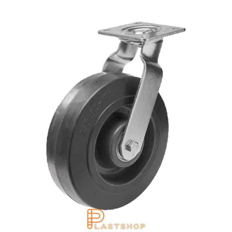 Link wheel without brake, flat, wheel diameter 250 mm, building height 315 mm, hub in PA6 with soft track in ElastoGum in svart. 100 kg load capacity, double ball bearings