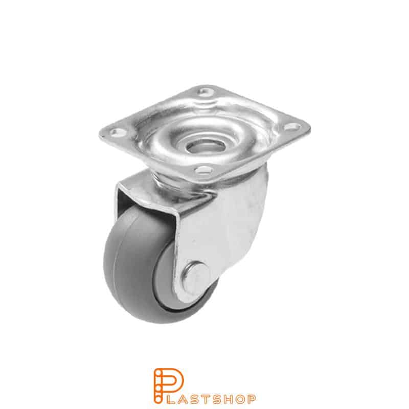 Link wheel without brake, plate, wheel diameter 33 mm, building height 46 mm, hub in PP with soft band in PUR in gray color. 20 kg load capacity, ball bearing