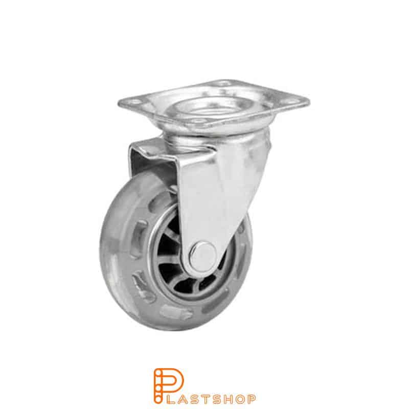 Link wheel without brake, flat, wheel diameter 50 mm, building height 64 mm, hub in PC with soft track in PUR in transparent. 40 kg load capacity, slide bearings