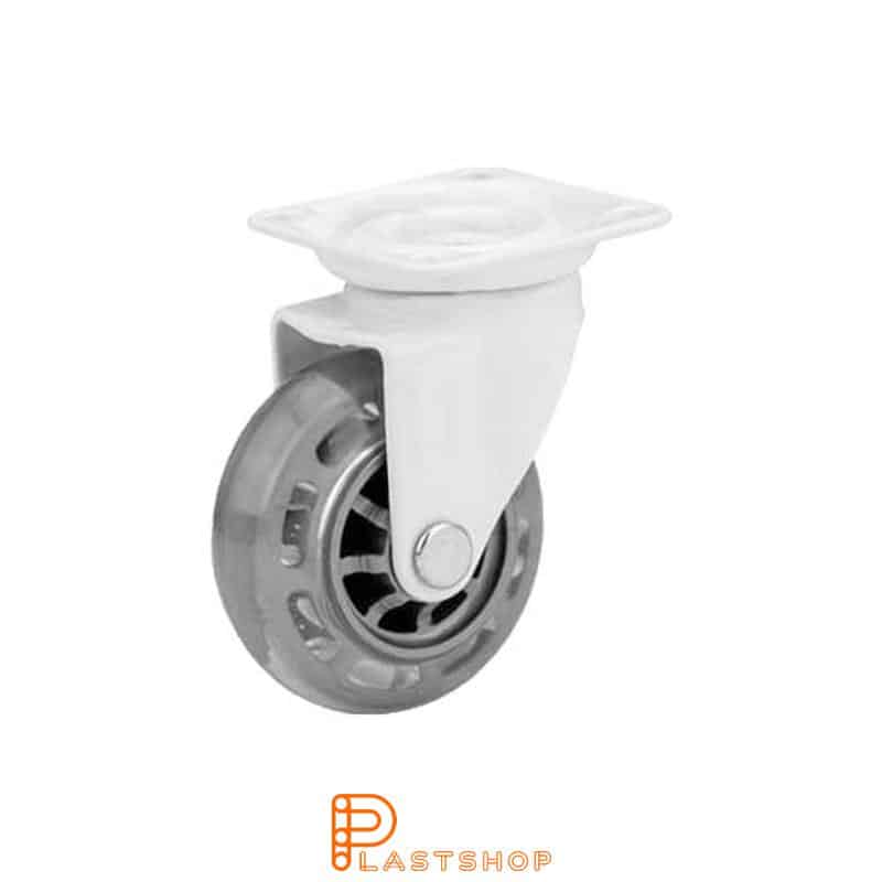Link wheel without brake, flat, wheel diameter 50 mm, building height 64 mm, hub in PC with soft track in PUR in transparent. 40 kg load capacity, slide bearings