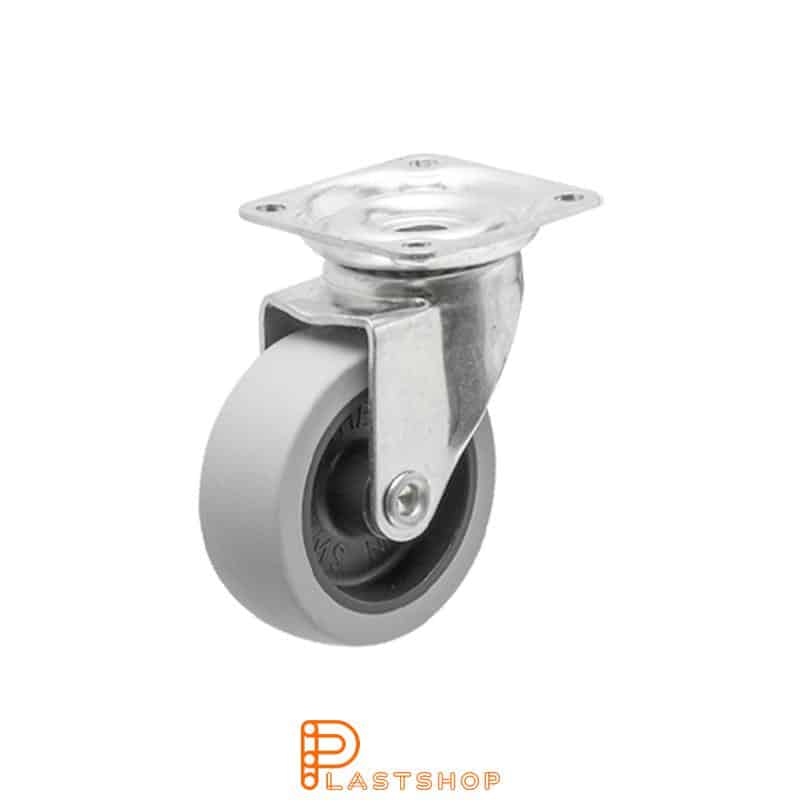 Link wheel without brake, plate, wheel diameter 50 mm, building height 64 mm, hub in PP with soft band in TPE in grå. 40 kg load capacity, slide bearing