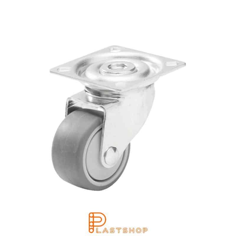 Link wheel without brake, plate, wheel diameter 50 mm, building height 70 mm, hub in PP with soft band in TPE in gray color. 50 kg load capacity, ball bearing