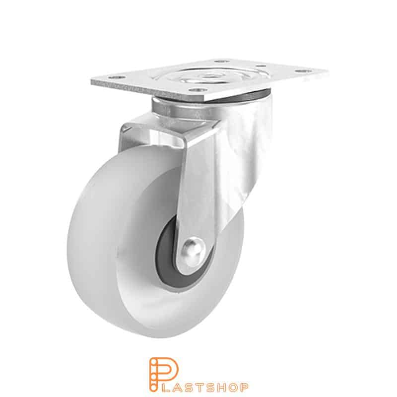 Link wheel without brake, plate, wheel diameter 63 mm, building height 96 mm, hard wheel in solid PA6, 85 kg load capacity, slide bearing