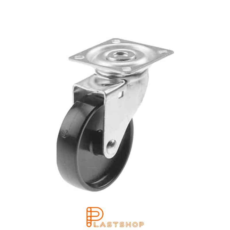 Link wheel without brake, plate, wheel diameter 75 mm, building height 99 mm, hard wheel in solid PP, 55 kg load capacity, slide bearing