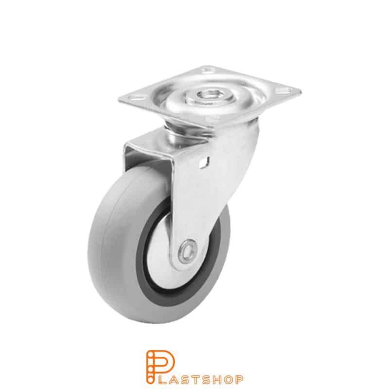 Link wheel without brake, plate, wheel diameter 75 mm, building height 99 mm, hub in PP with soft band in TPE in grå. 55 kg load capacity, slide bearing