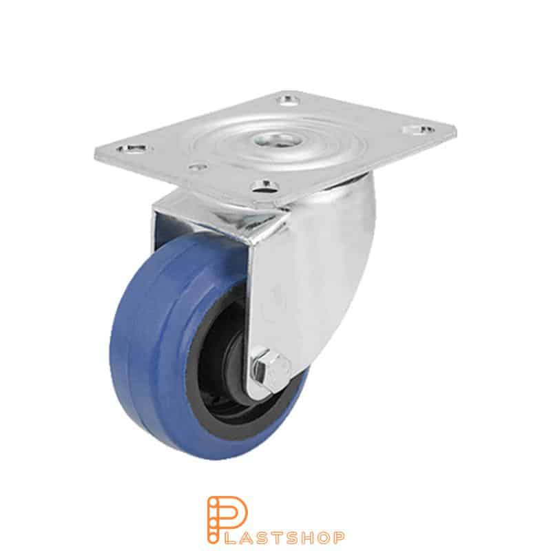 Link wheel without brake, flat, wheel diameter 80 mm, building height 108 mm, hub in PA6 with soft track in ElastoGum in blue color. 100 kg load capacity, roller bearings