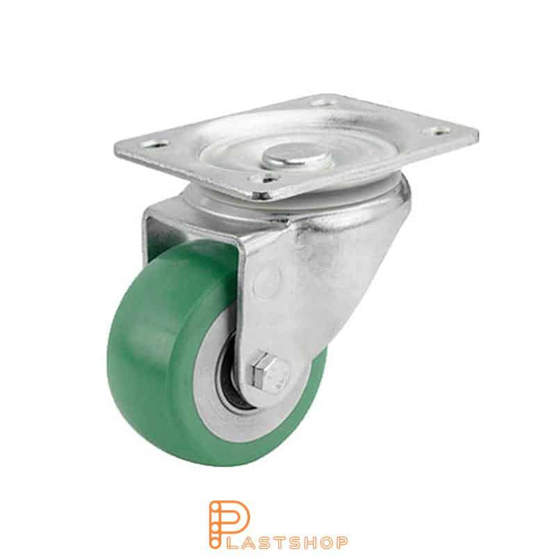 Rueda de enlace sin freno, placa, diámetro de la rueda 80 mm, altura de construcción 111 mm, buje en aluminio con banda suave en ElastoPUR de color verde. 180 kg de carga, rodamientos de bolas dobles