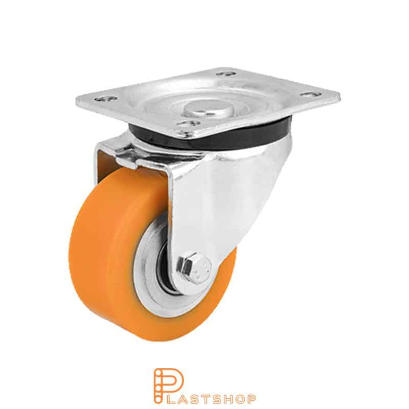 Länkhjul utan broms, platta, hjuldiameter 80 mm, bygghöjd 111 mm, nav i aluminium med mjuk bana i PUR i orange färg. 180 kg bärighet, dubbla kullager