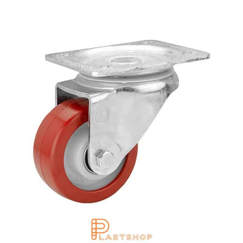 Lenkehjul uten bremse, plate, hjuldiameter 80 mm, byggehøyde 111 mm, nav i PA6 med myk bane i PUR i rød farge. 260 kg bæreevne, doble kuleledd