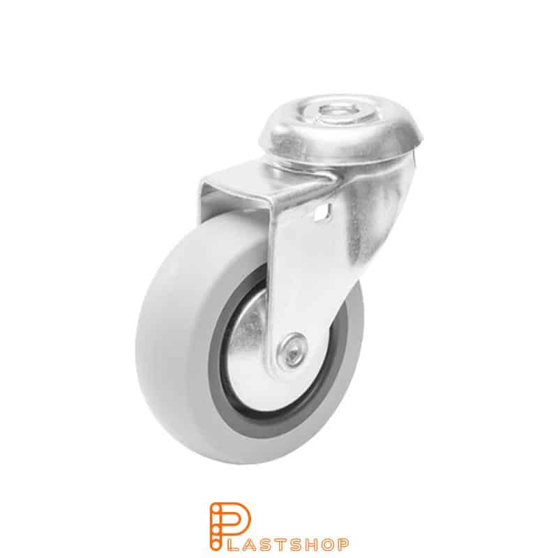 Rueda de enlace sin freno, pomo liso, diámetro de la rueda 75 mm, altura de construcción 102 mm, buje en PP con banda suave en TPE de color gris. 55 kg de carga, cojinete deslizante