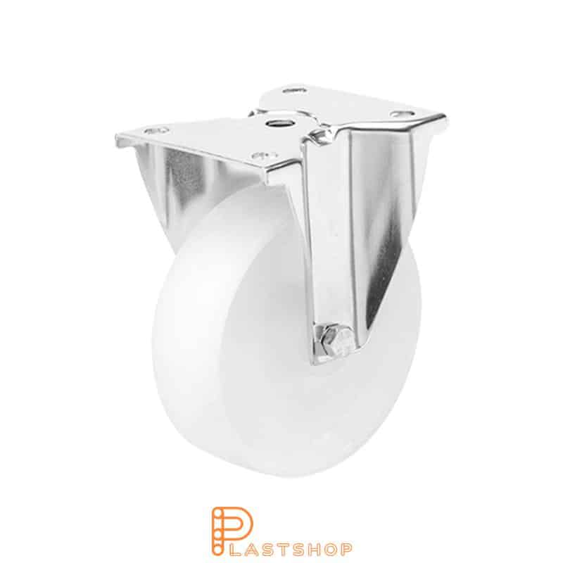 Stainless steel fixed bracket, flat, wheel diameter 100 mm, building height 128 mm, hard wheel in solid PA6, 150 kg load capacity, slide bearings