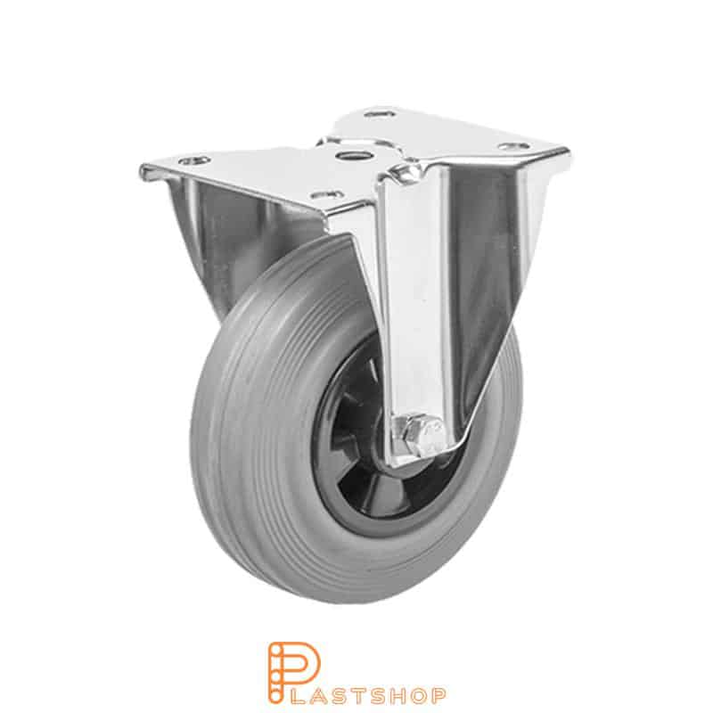 Stainless steel fixed bracket, flat, wheel diameter 100 mm, building height 128 mm, hub in PP with soft track in rubber in grå. 70 kg load capacity, slide bearings