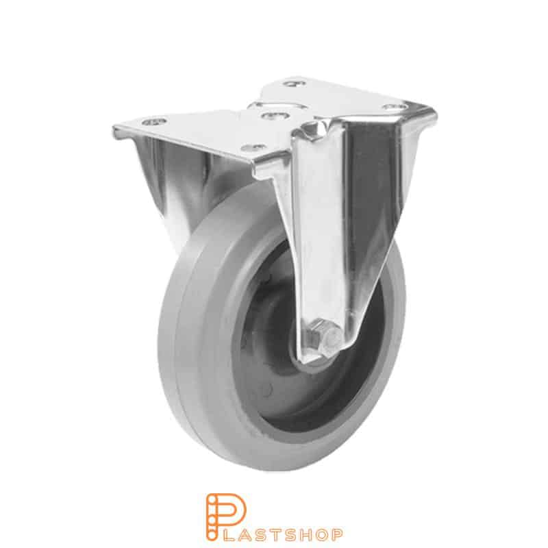 Stainless steel fixed bracket, flat, wheel diameter 125 mm, building height 155 mm, hub in PA6 with soft track in ElastoGum in grå. 200 kg load capacity, slide bearings