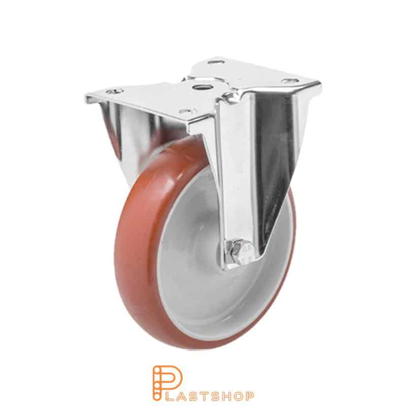Rostfri fast bygel, platt, hjuldiameter 125 mm, byggehøyde 155 mm, nav i PA6 med myk bane i PUR i rød farge. 200 kg bæreevne, glidelager
