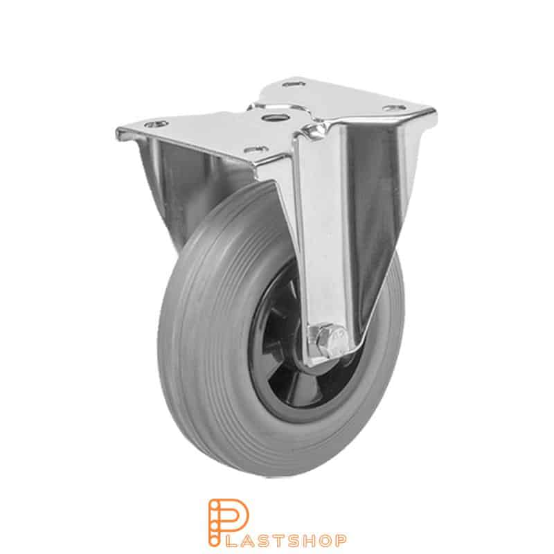 Stainless steel fixed bracket, flat, wheel diameter 125 mm, building height 155 mm, hub in PP with soft track in rubber in grå. 100 kg load capacity, slide bearings