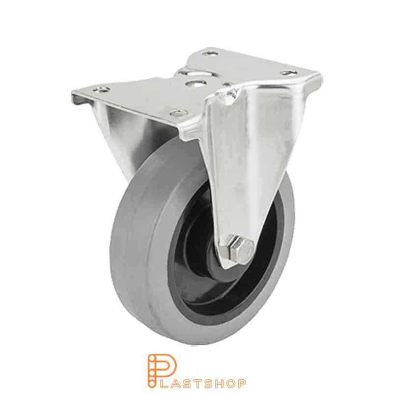 Stainless steel fixed bracket, flat, wheel diameter 160 mm, building height 200 mm, hub in PA6 with soft track in ElastoGum in grå. 350 kg load capacity, slide bearings